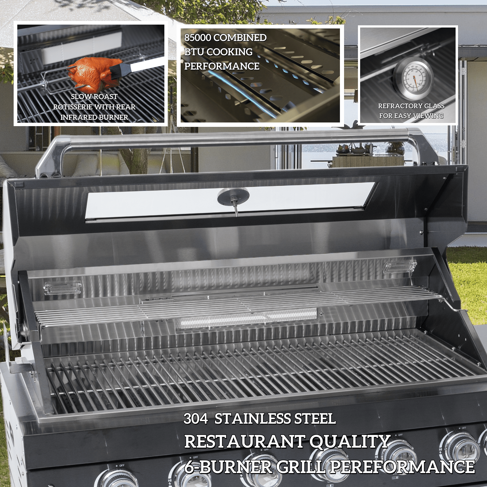 128" 120,000 BTU 6-Burner Outdoor Kitchen Island Grill with Pizza Oven